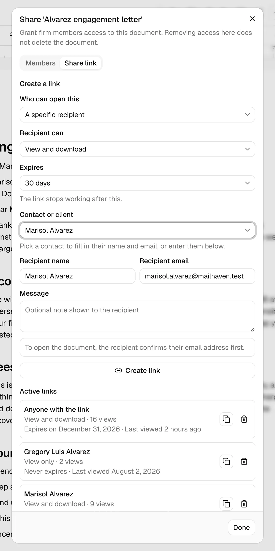 The Share link tab with A specific recipient selected, showing the Contact or client picker and the auto-filled Recipient name and Recipient email fields.