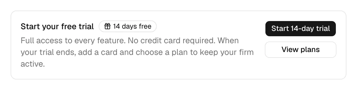 The Start your free trial card with the 14 days free badge, the Start 14-day trial button, and the View plans button.