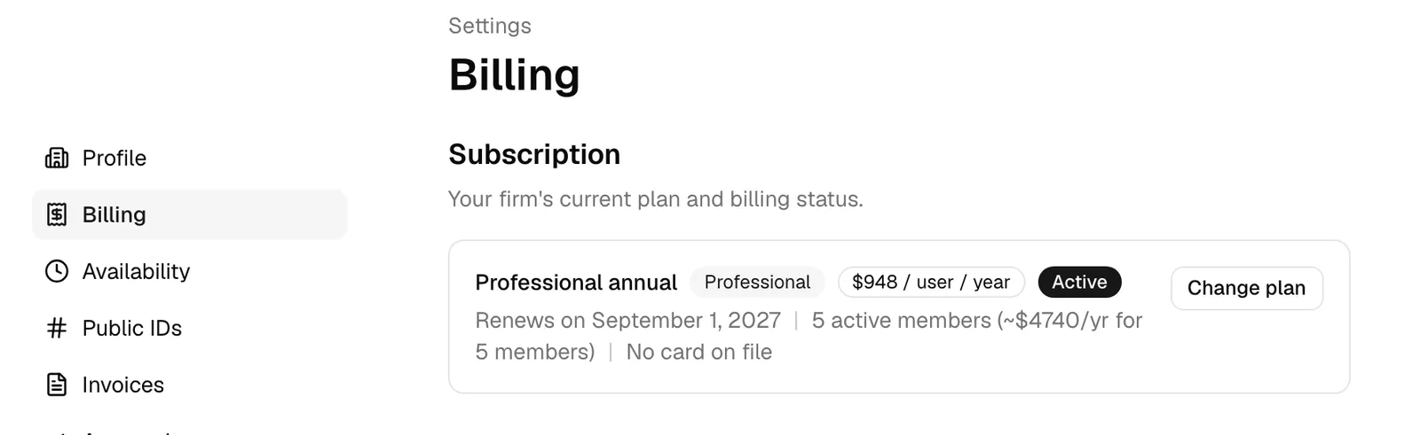 The Billing page under Settings, showing the current plan, status, and the plan-management actions.
