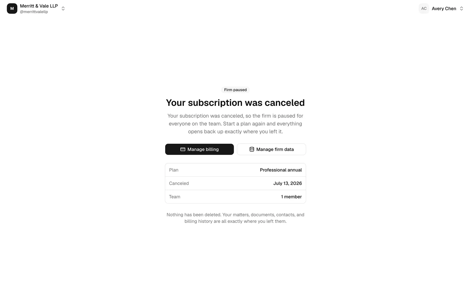 The paused-access screen showing the Firm paused badge, the headline, the plain-language explanation, the owner's Manage billing and Manage firm data buttons