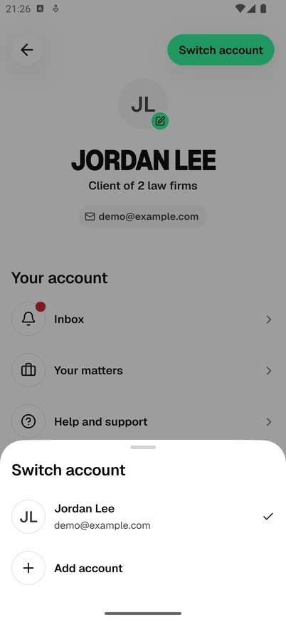 The Switch account sheet in the Esqase Client app, showing the account in use with its name, email address and a tick, and the Add account row.