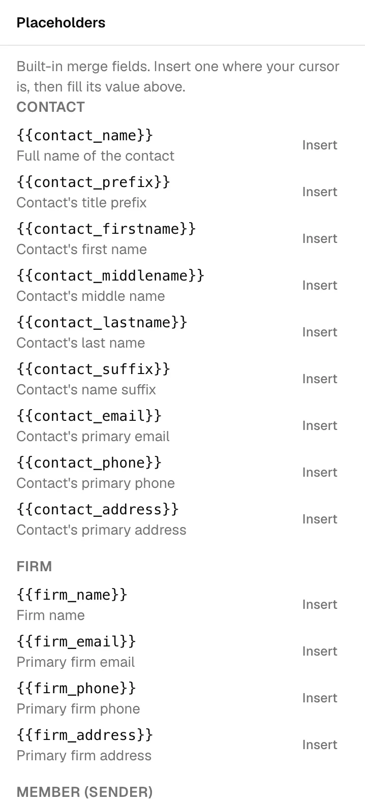 The System fields section expanded, showing the Contact and Firm groups with fields like {{contact_name}} and {{firm_name}}, each with an Insert button.