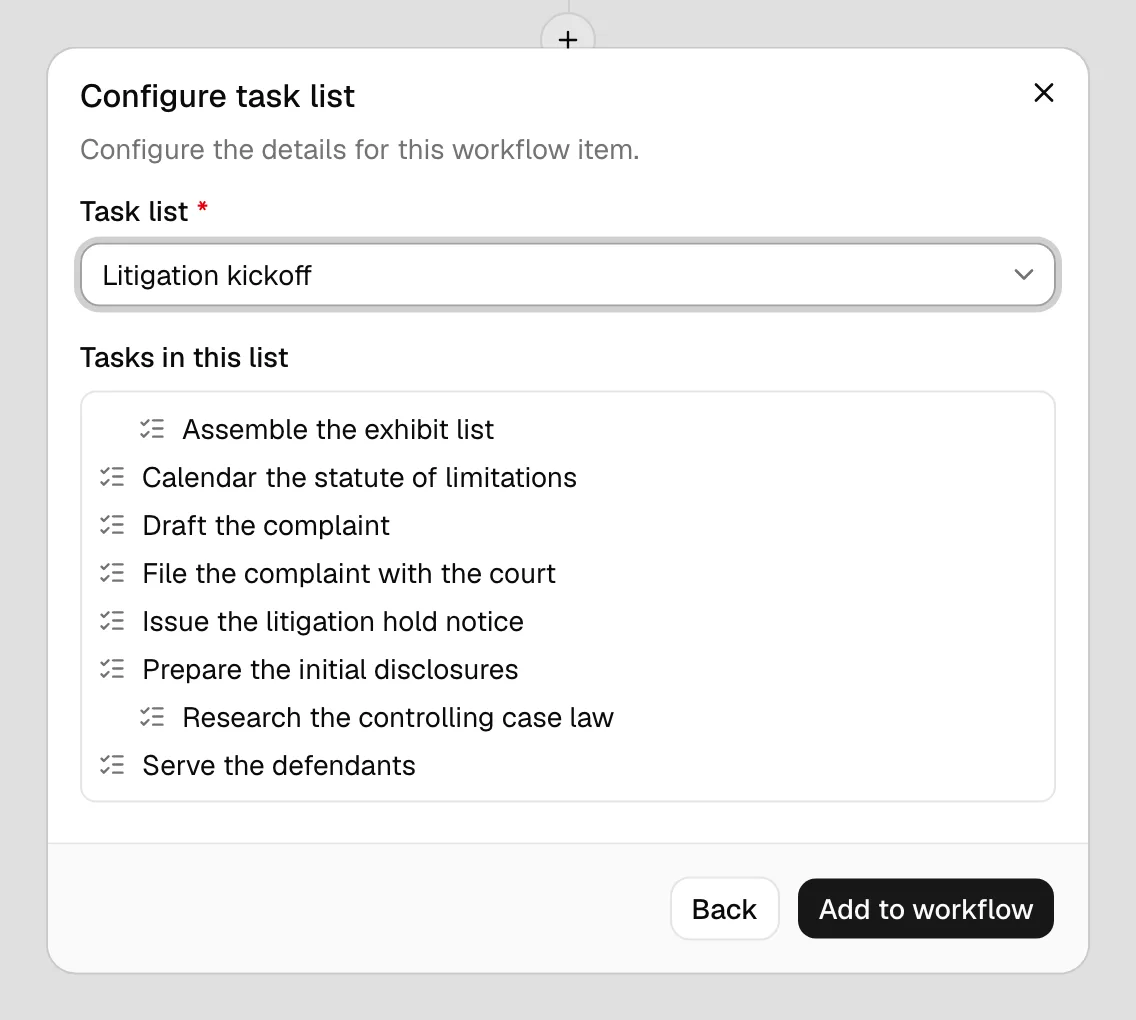 The Task list step with a list selected and the Tasks in this list preview showing parent tasks and indented sub-tasks.