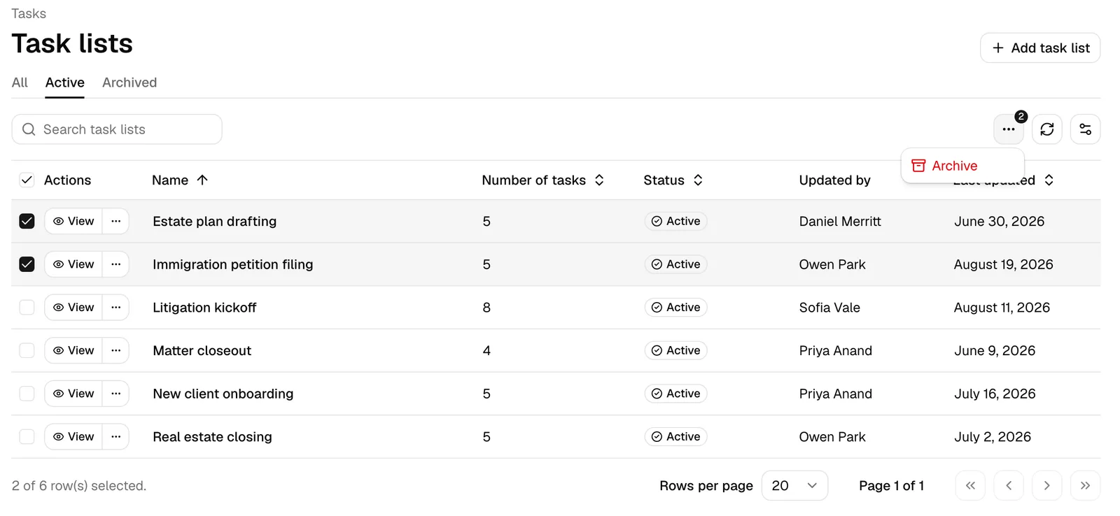 The Task lists table with two rows selected and the batch action bar showing Archive, Restore, and Delete.