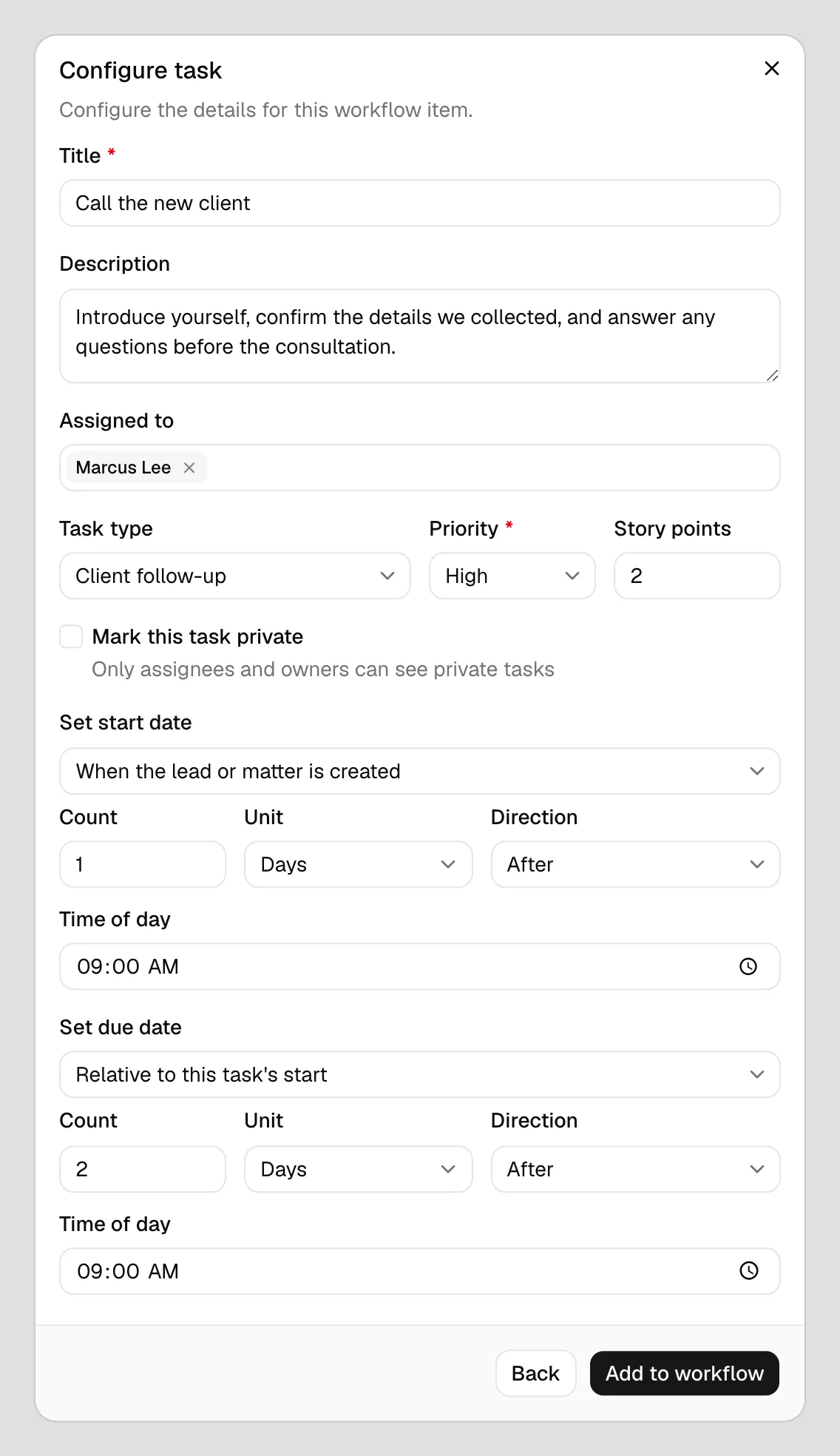 The Task step configuration showing Title, Description, Assigned to, Task type, Priority, Story points, the private checkbox, and the two date-scheduling