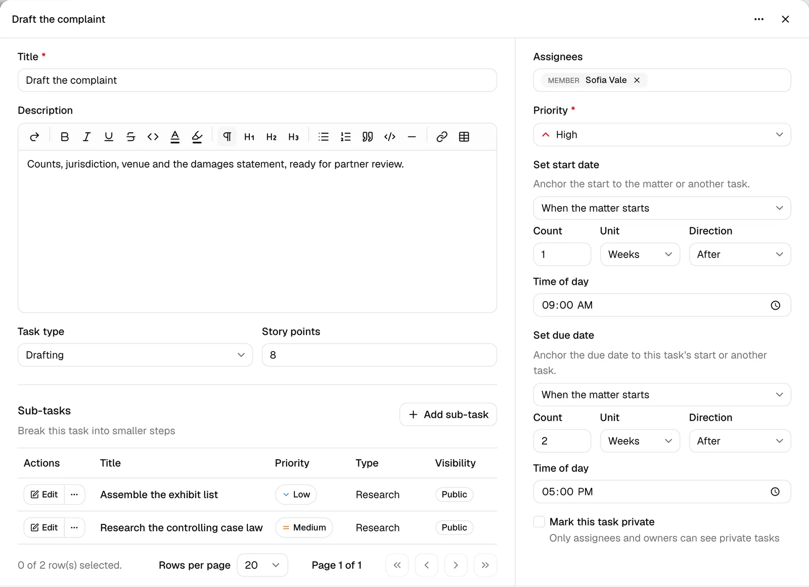 The task editor dialog showing the left column (Title, Description, Task type, Story points) and the right column (Assignees, Priority, Set start date, Set due