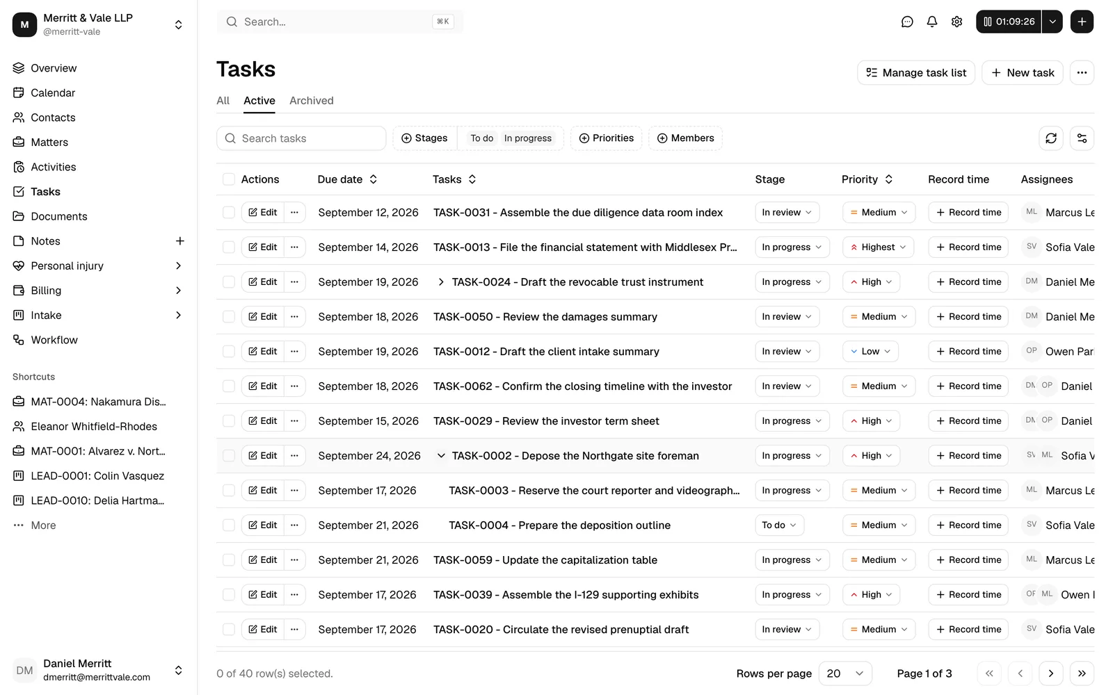 The Tasks list in Esqase, showing due dates, task names, stages, priorities, and assignees.