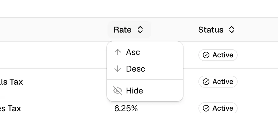 The column heading menu open on Rate, showing the Asc, Desc, and Hide options.