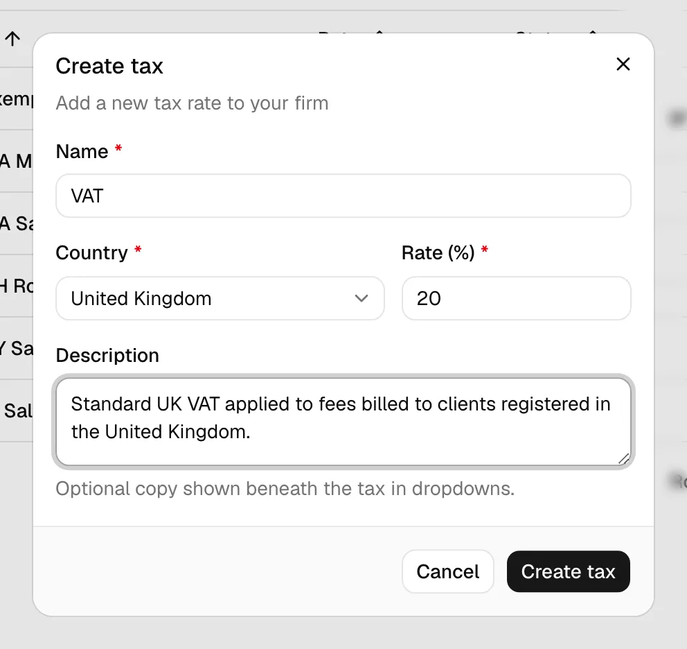 The Create tax dialog with the Name, Country, Rate (%), and Description fields filled in, and the Create tax button at the bottom.