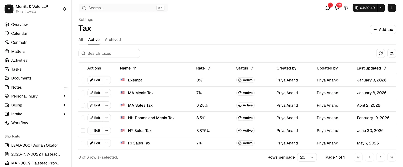 The Tax page at Settings > Tax, showing the Tax heading, the Add tax button in the top right, the All / Active / Archived tabs, the search box, and a table of
