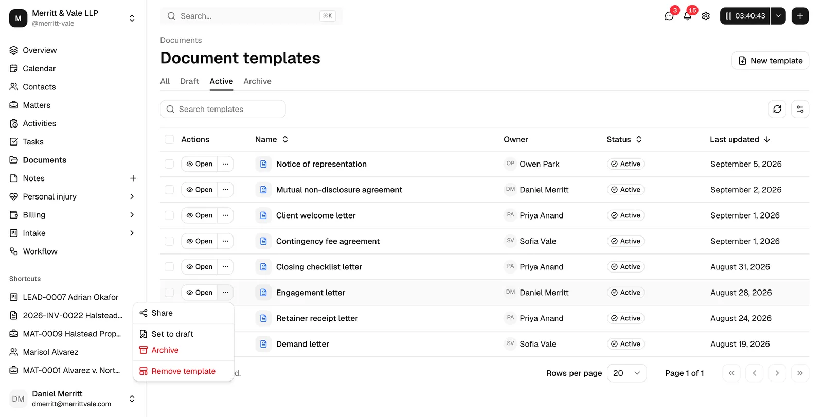 The Document templates page with a row's three-dots menu open, showing Share, Set to active / Set to draft, Archive, and Remove template options.