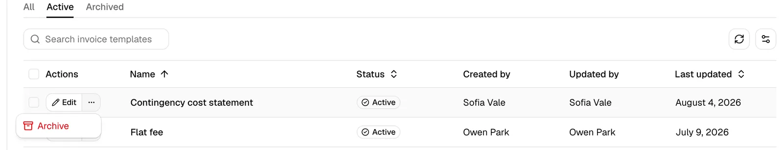 A template row's more-actions menu open showing Archive, with the Archived tab and a Restore/Delete option visible in the background.