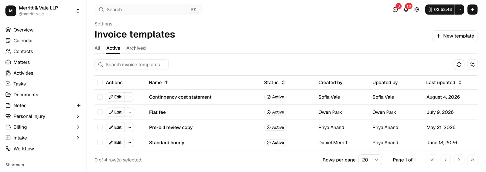 The Invoice templates list page with the All / Active / Archived tabs, the search box, and a few template rows showing the Name, Status badge, and Last updated