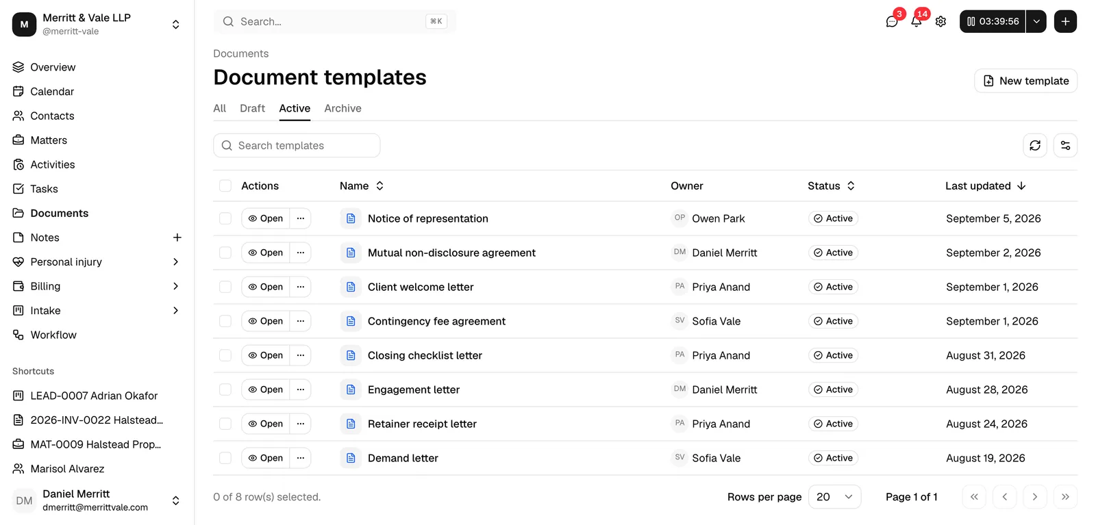 The Document templates page showing the templates list with the Name, Owner, Status, and Last updated columns, and the All / Draft / Active / Archive status