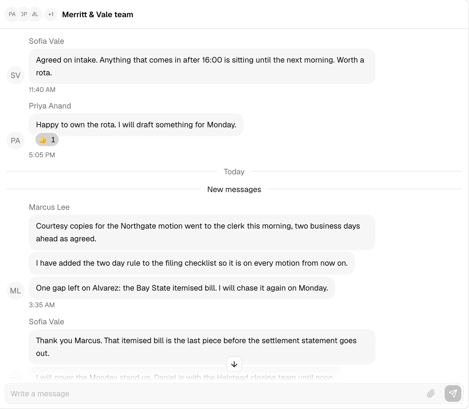 A chat thread showing a day separator, the New messages line, a stacked group of messages from one person, and the jump-to-latest button with a new-message