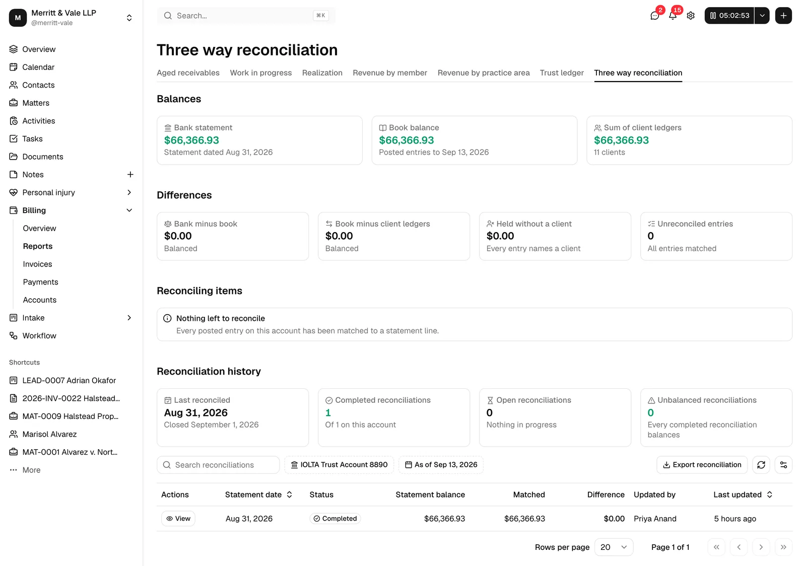 The three-way reconciliation report showing the Balances row, the Differences row with one figure in red, the Reconciling items beneath, and the Reconciliation