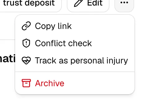 The matter header "..." menu open, showing Copy link, Conflict check, and Track as personal injury.