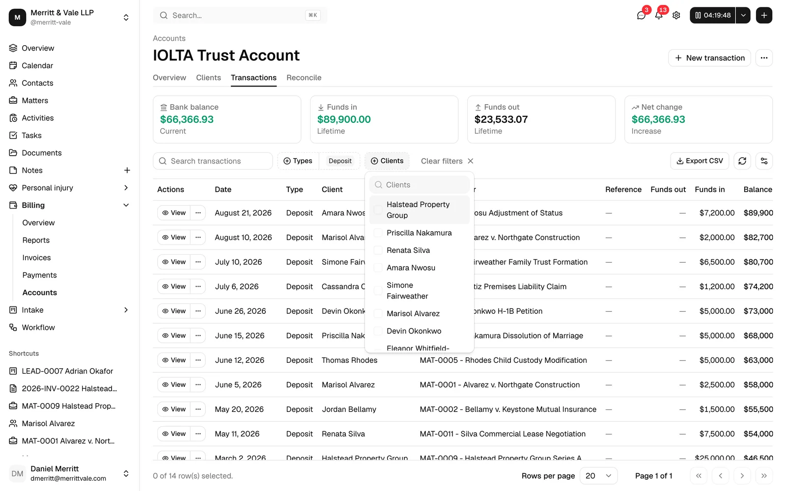 The Transactions tab with the Type and Client filters open and the summary cards above updated to reflect the filtered rows.