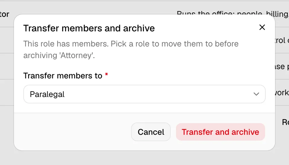 The Transfer members and archive dialog with the Transfer members to dropdown open, and the Transfer and archive and Cancel buttons.