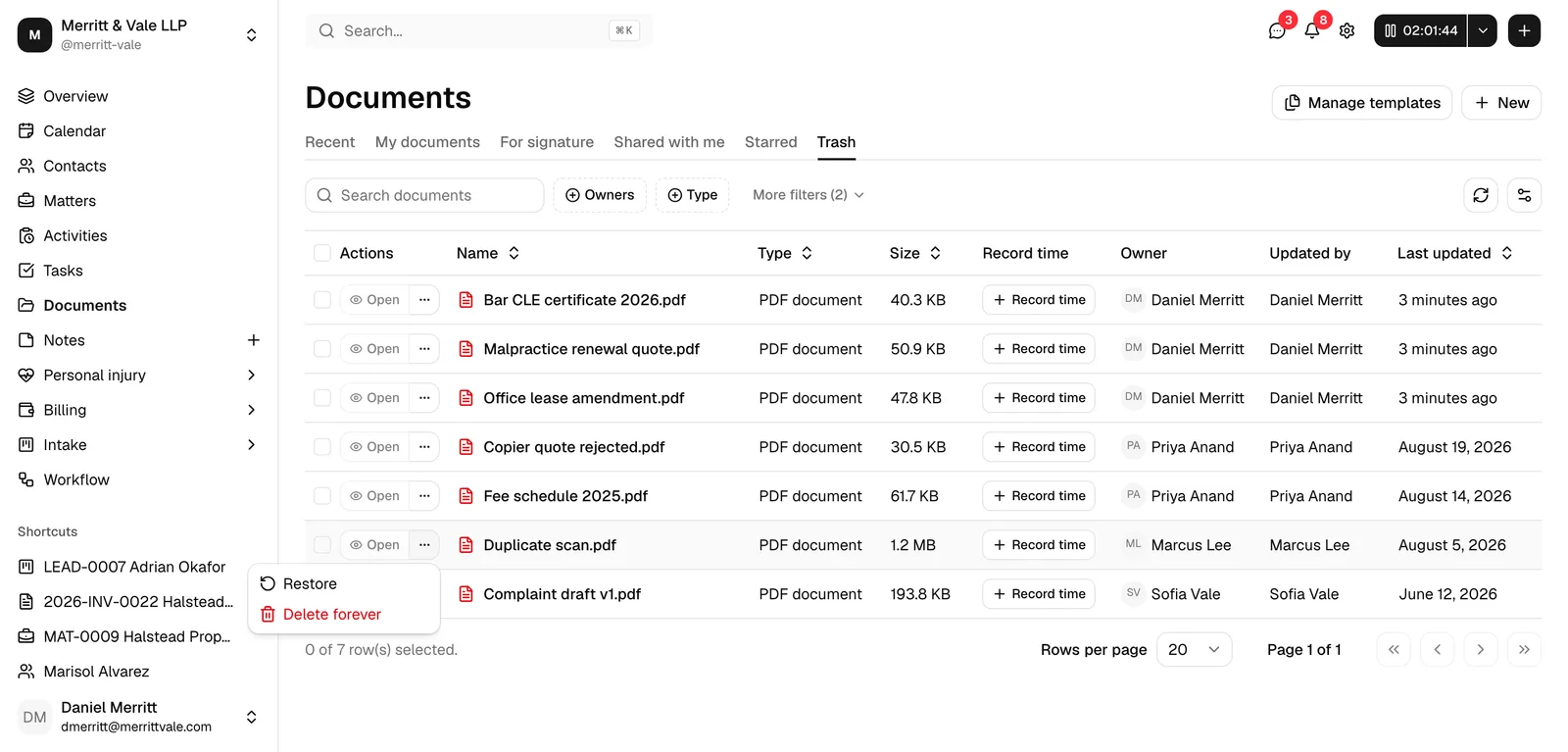 The Trash tab with a row's actions menu open, showing Restore and Delete forever.