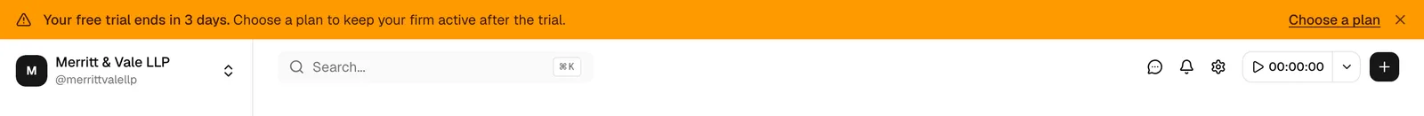 The amber trial-ending banner across the top of the dashboard reading "Your free trial ends in N days. Choose a plan to keep your firm active after the trial,"