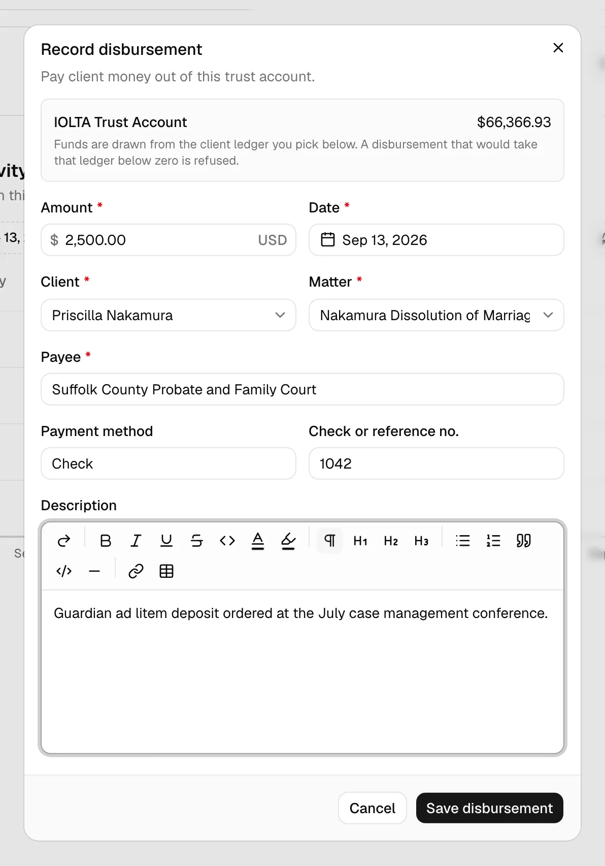 The Record disbursement dialog with the account balance panel at the top, and the Amount, Date, Client, Matter, and Payee fields filled in.