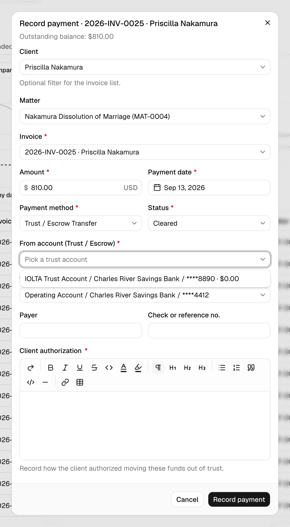 The payment form in trust-transfer mode, showing the From account (Trust / Escrow) picker with a client balance displayed next to each account and the To