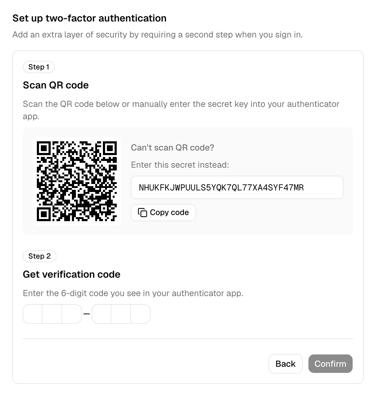 The authenticator setup step showing the QR code, the secret key for manual entry, and the field to enter the 6-digit code.