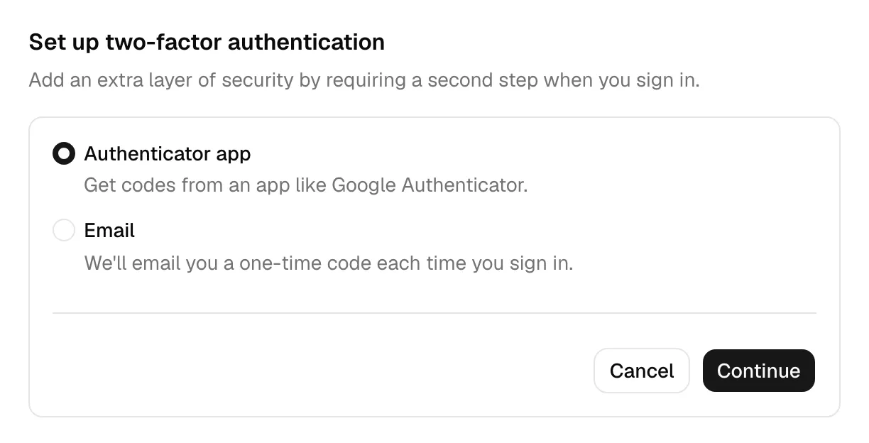 The Enable two-factor authentication screen with the method choices: Authenticator app and Email.