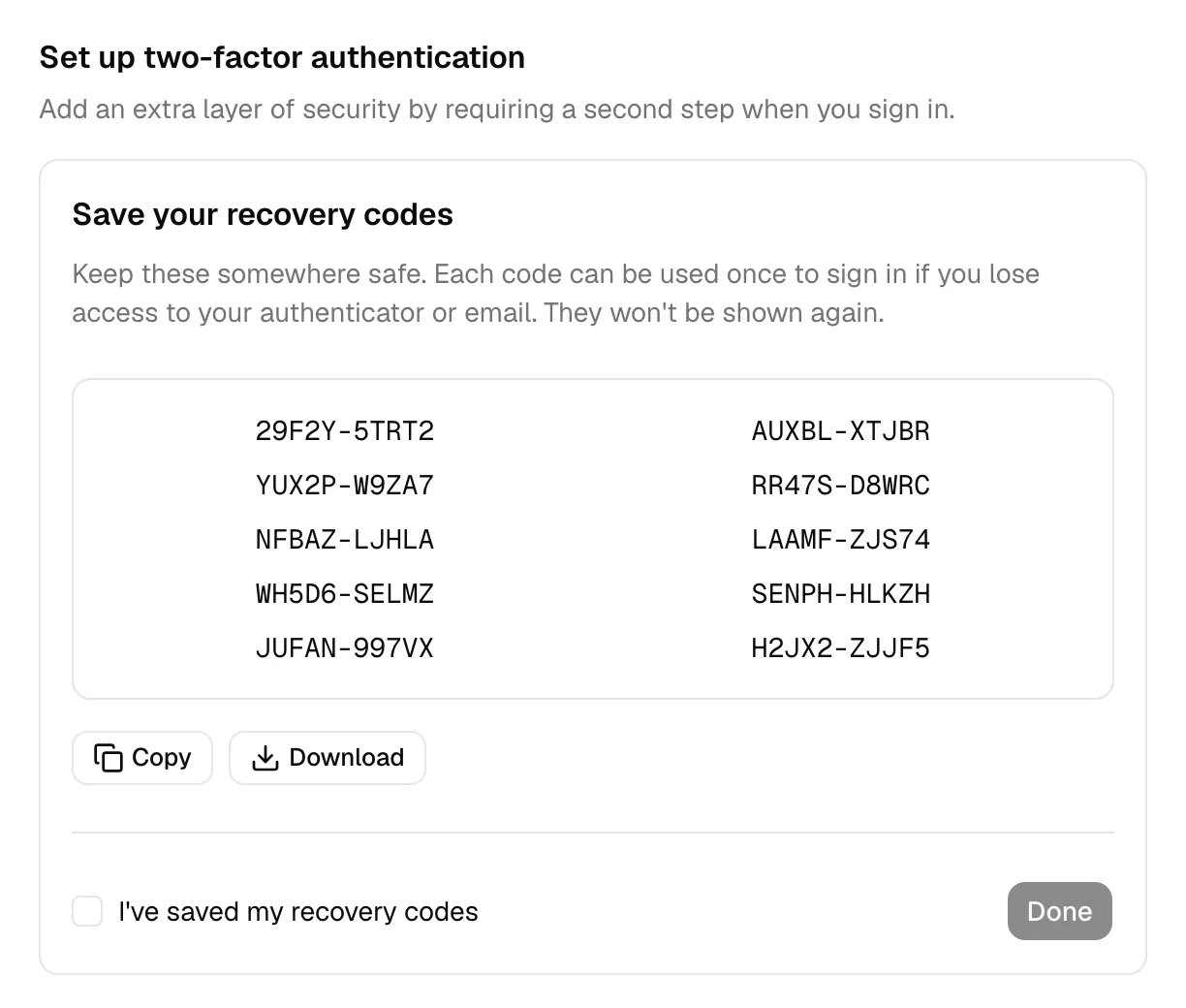 The recovery-codes screen listing ten one-time codes with the Copy and Download buttons.