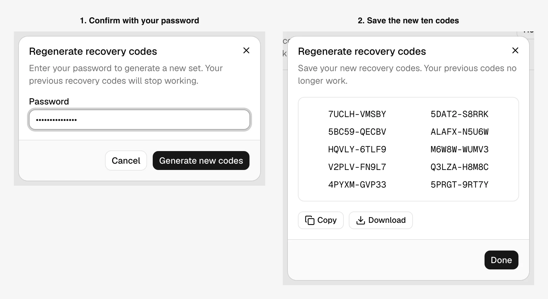 The regenerate-recovery-codes step asking for your password, followed by the new set of ten codes.