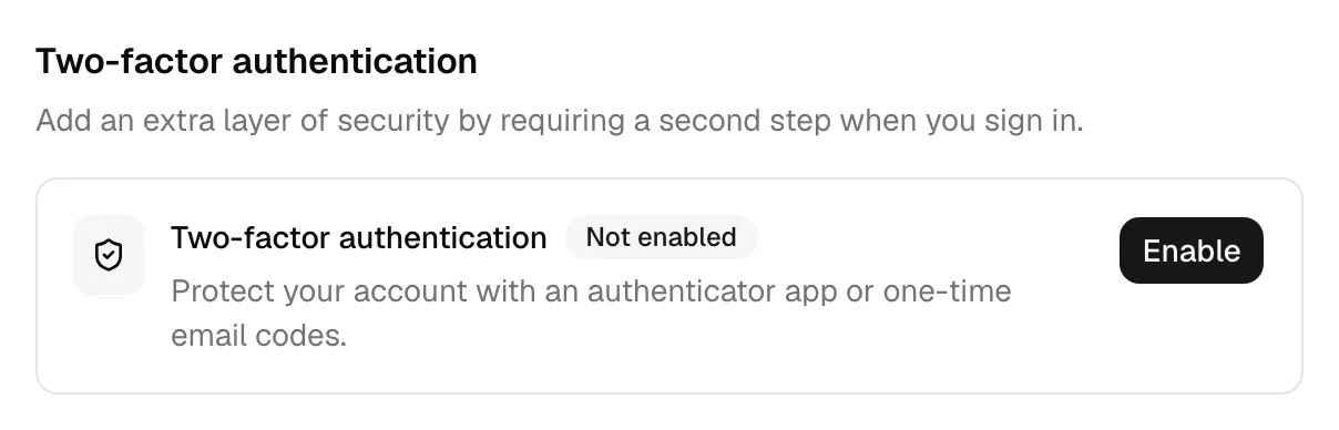 The account settings Security tab, showing the two-factor authentication status and the Enable button (when 2FA is off).