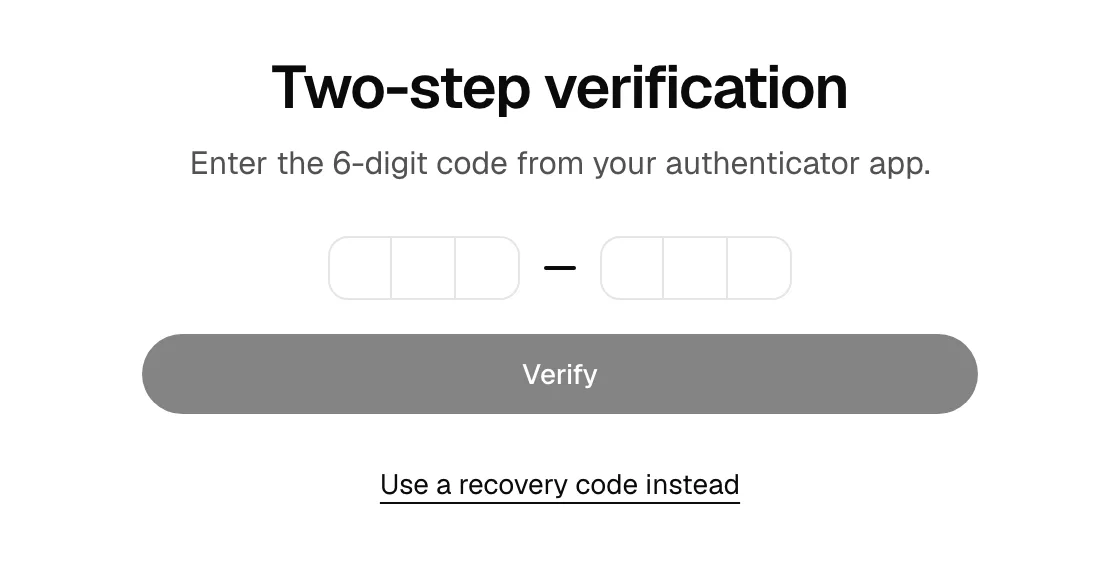 The Two-step verification sign-in step with the six code boxes, the Use a recovery code instead link, and (for the email method) the Resend code button.