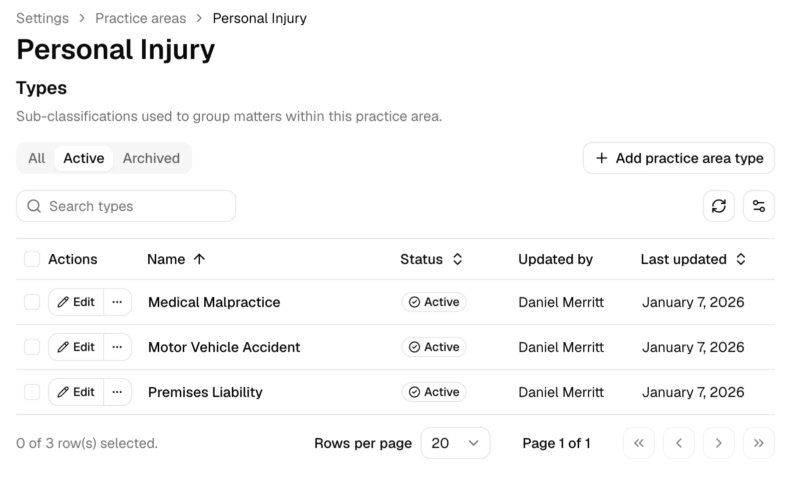 A practice area detail page with the Types section in focus and the Add practice area type button highlighted.