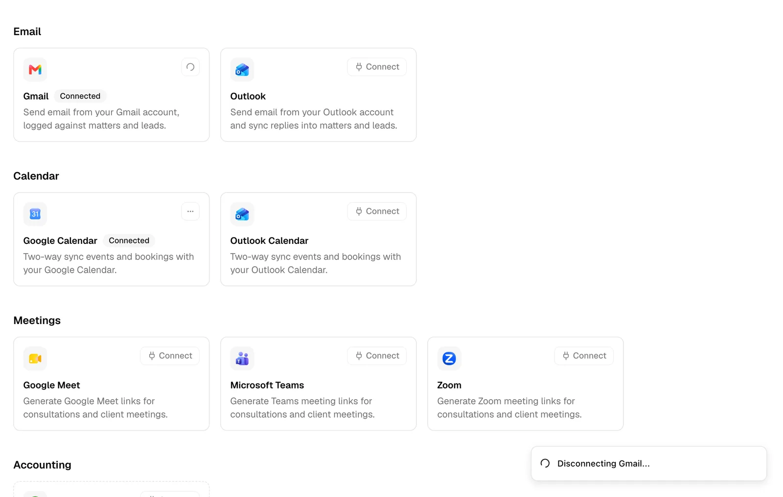 The Gmail card mid-unlink, showing the loading state on the Unlink button.