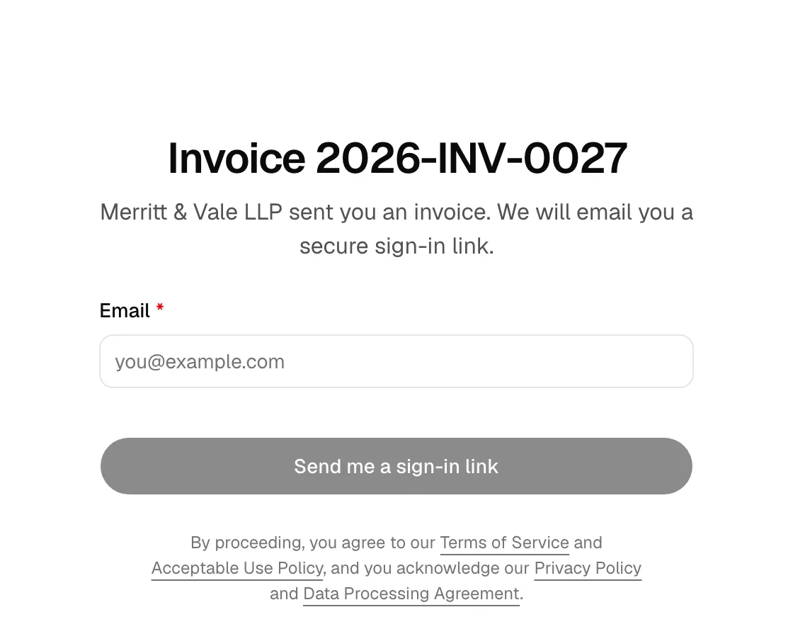 The unlock screen titled with the invoice number, showing the email field and the Email me a sign-in link button.
