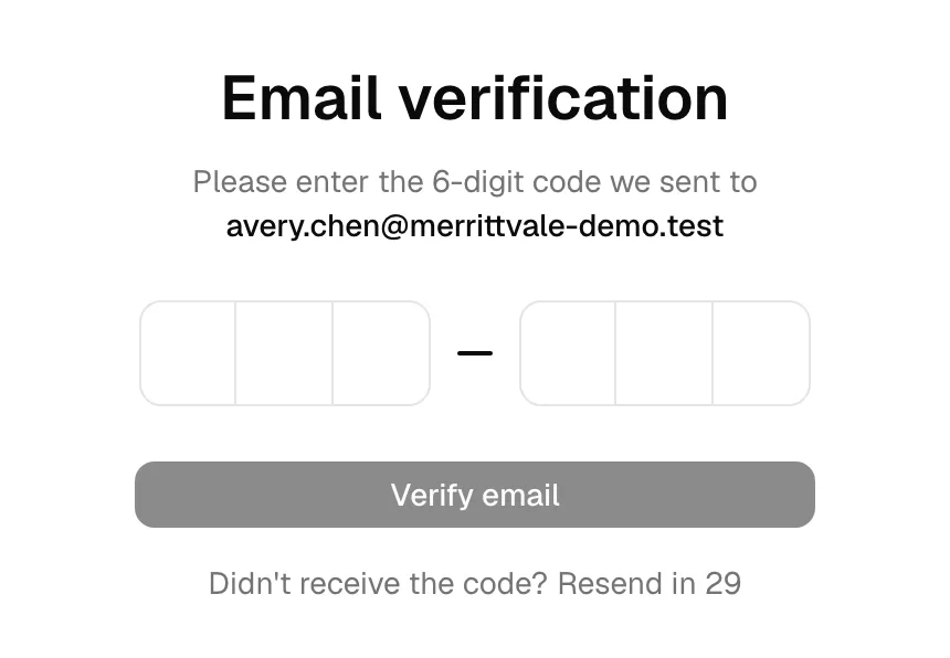The "Email verification" screen showing the masked instruction line with the recipient email, the six code boxes, and the Verify email button.