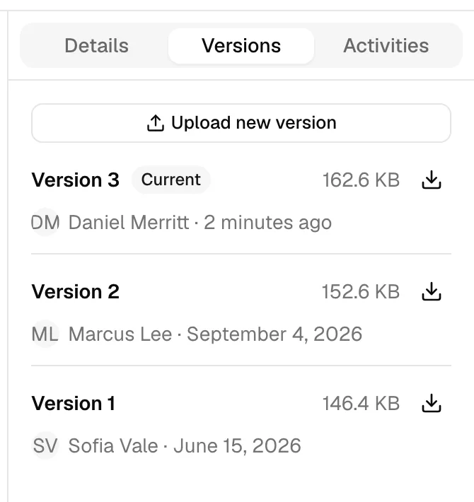 The Versions tab on an open file's page, listing several numbered versions with the newest marked Current and per-version download buttons.