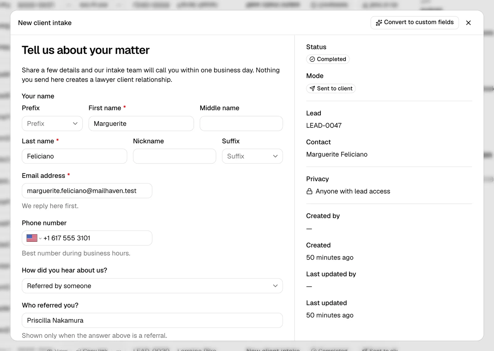 The View submission dialog showing the filled-in form on the left and the details panel (Status, Mode, Lead, Contact, Privacy, Created by) on the right.