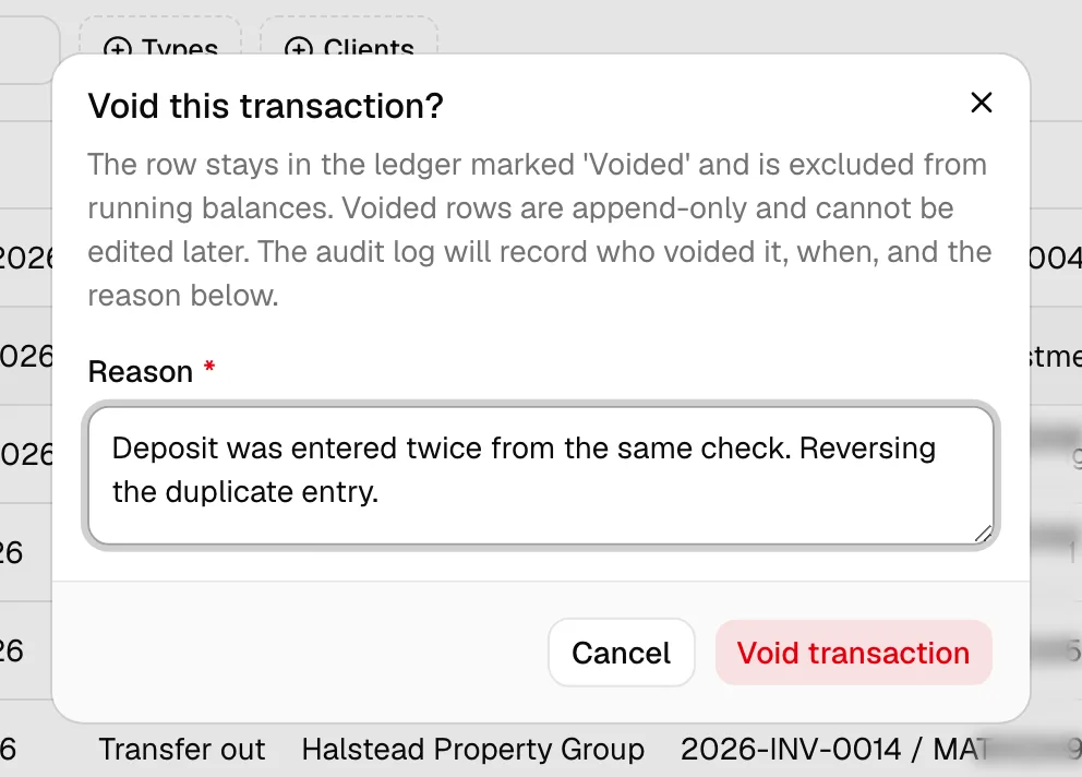The Void this transaction? dialog with the Reason field filled in and the red Void transaction button.