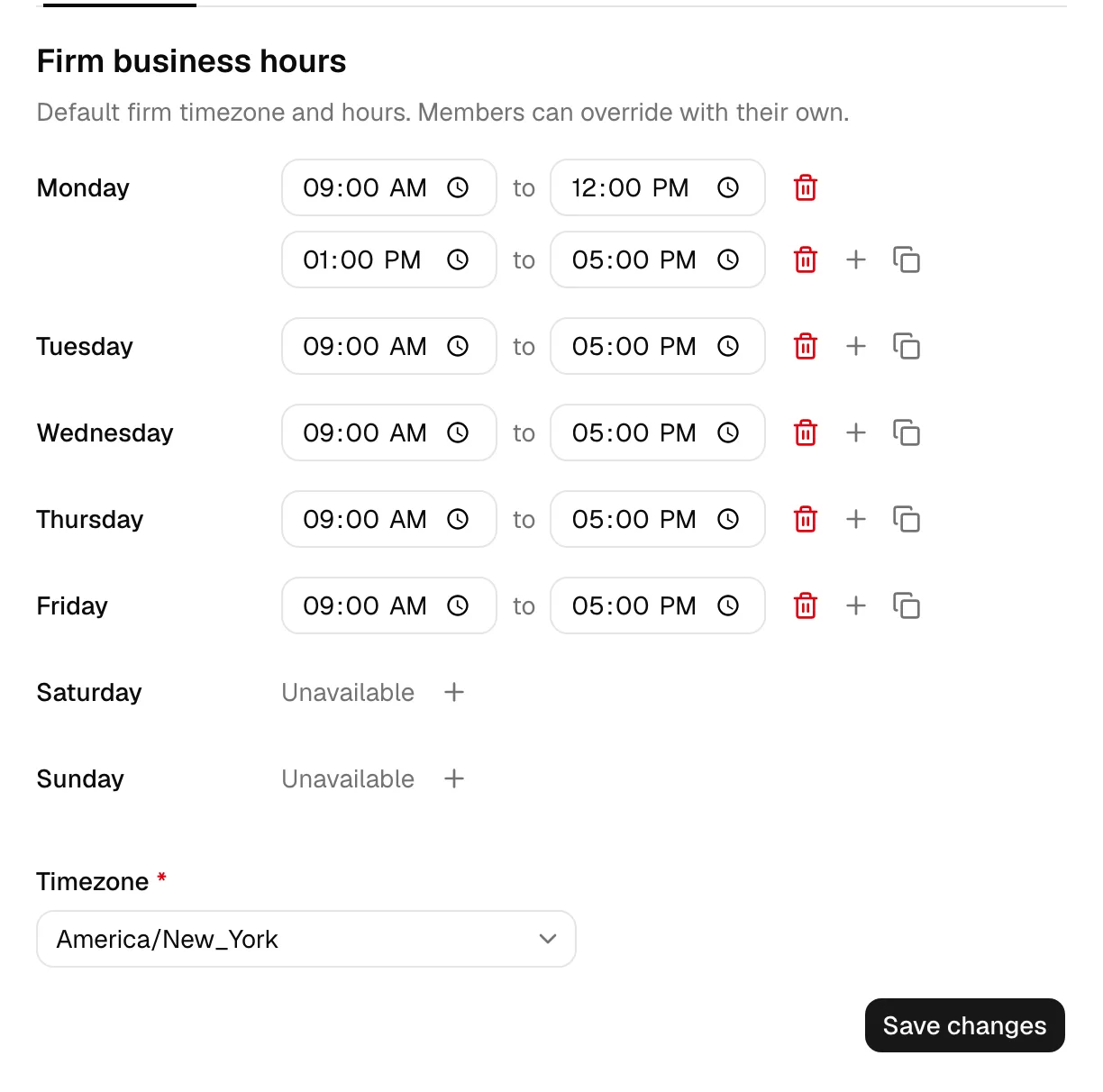 The Firm business hours section showing weekday rows with time slots, one day with two slots (a morning and an afternoon block), and a closed day reading