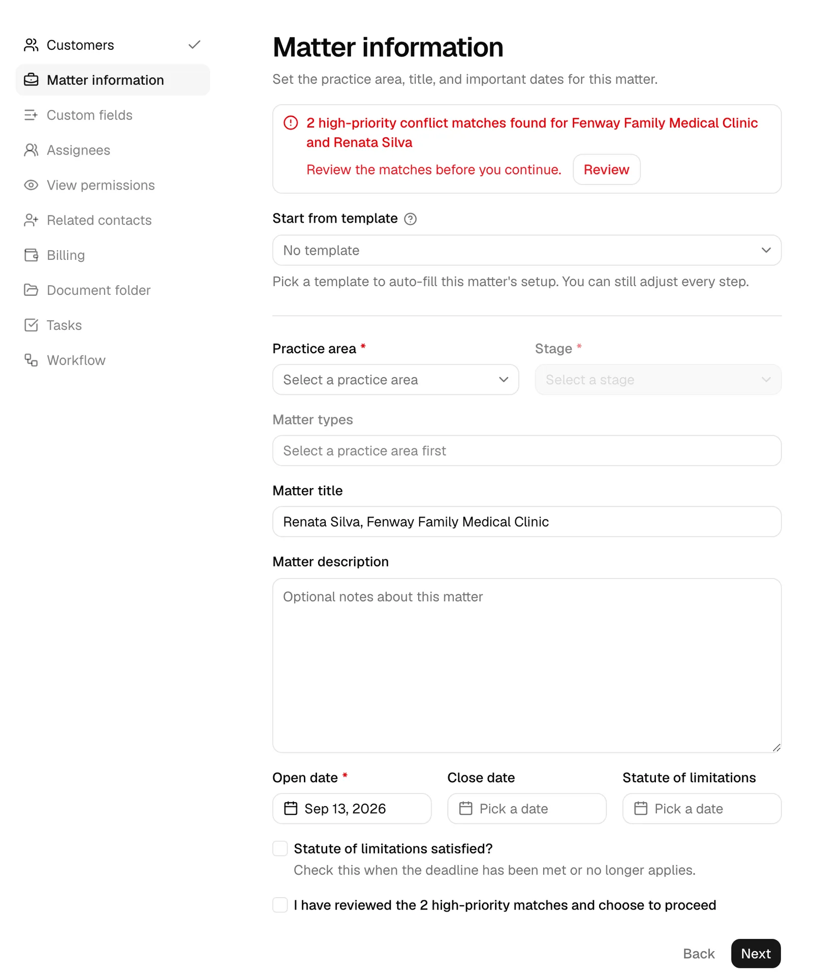 A later wizard step showing the red high-priority conflict banner with its Review button, and the acknowledgment checkbox above the step buttons.