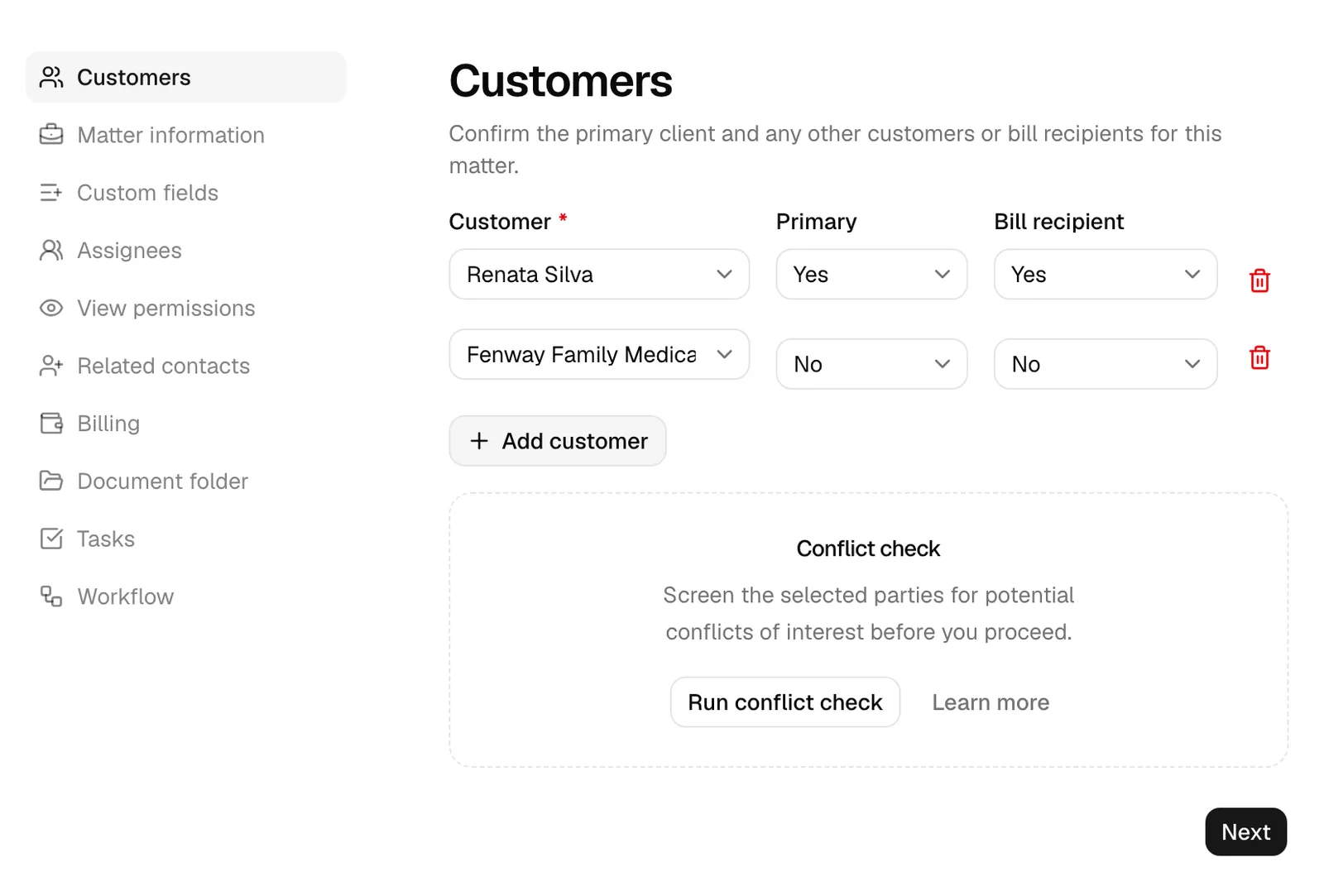 The Customers step of the new-matter wizard with two customer rows above and the dashed Conflict check panel below them, showing the Run conflict check and