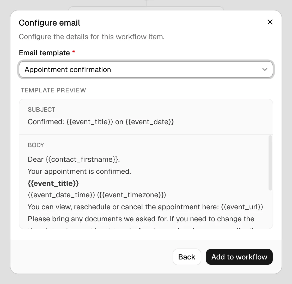 A workflow Email step with the Email template dropdown selected and the Template preview showing the resolved subject and body.
