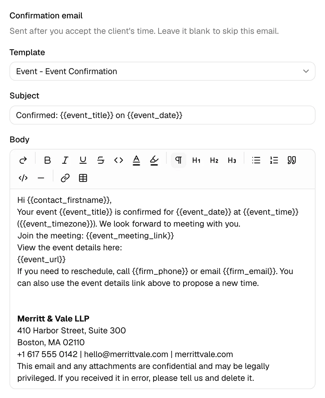 The Confirmation email of a workflow Event step, started from the Event - Event Confirmation template, with the Join the meeting line and its meeting link placeholder just above the event details link, and the firm signature at the end.