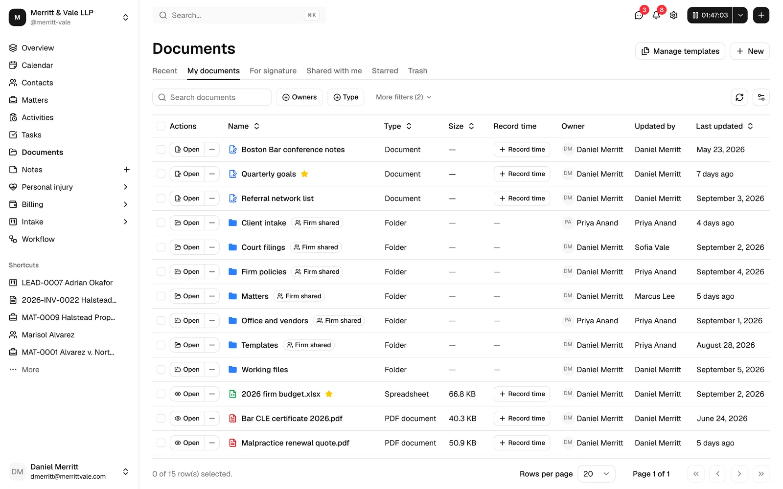 The Documents page showing the tab bar (Recent, My documents, For signature, Shared with me, Starred, Trash), the New button, and a populated file table.