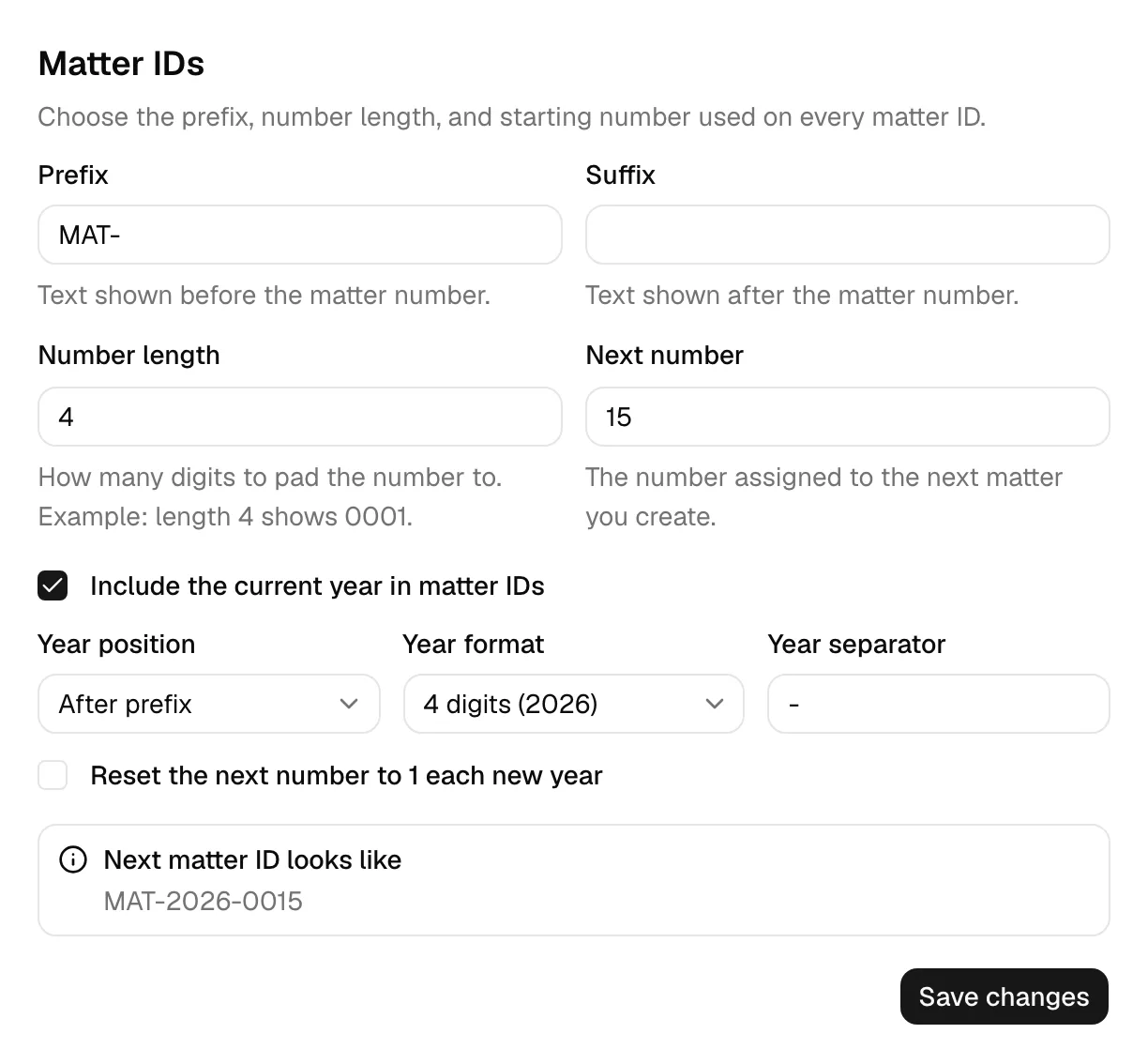 The Matter IDs section with "Include the current year in matter IDs" checked, showing the Year position, Year format, and Year separator fields and the "Reset